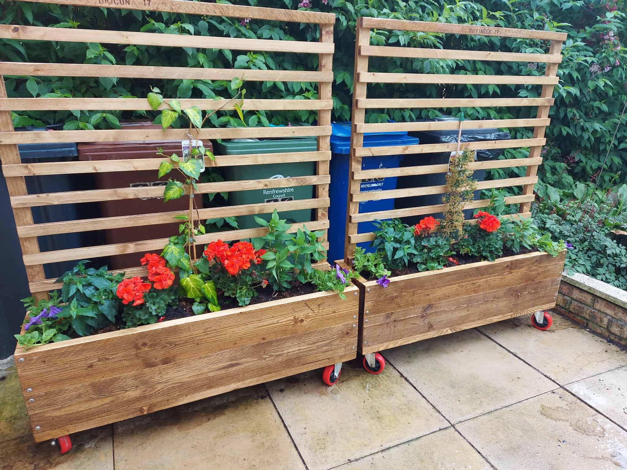  bespoke furniture design for the garden. wooden raised bed with wooden trellis and casters